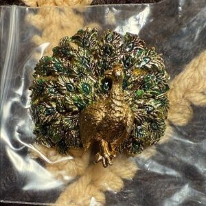 Elegant Gold and Green Peacock Brooch